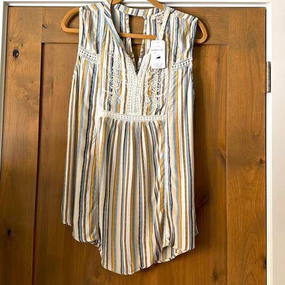 NWT Lola P. Sleeveless Blouse Top Womens S Stripes Bohemian crochet Embroidery - Picture 2 of 11